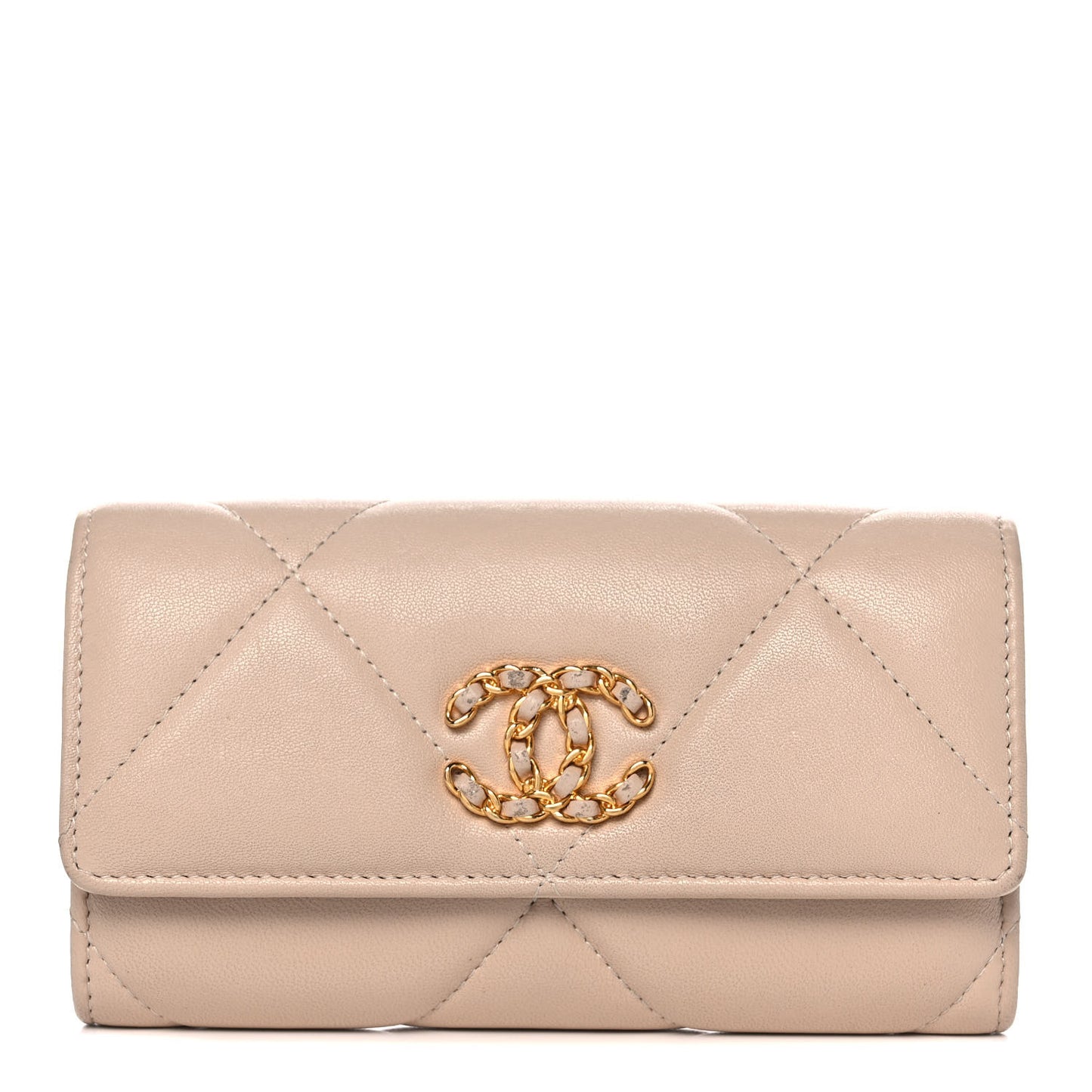 Shiny Goatskin Quilted Chanel 19 Flap Wallet Beige