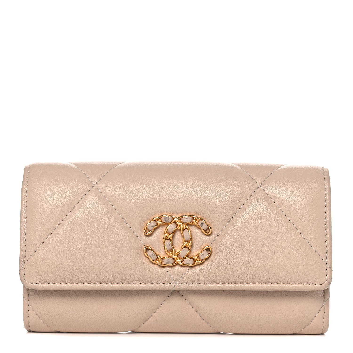 Chanel Shiny Goatskin Quilted Chanel 19 Flap Wallet Beige 1 of 13