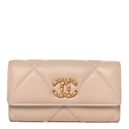 Chanel Shiny Goatskin Quilted Chanel 19 Flap Wallet Beige 1 of 13