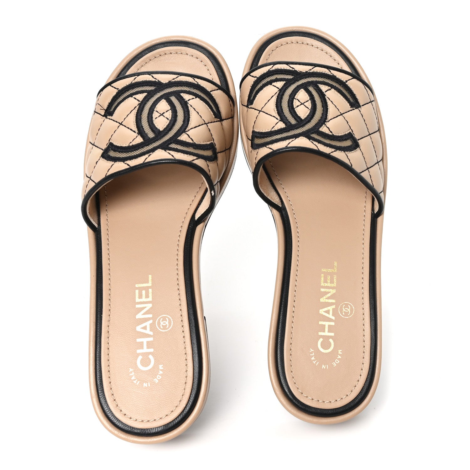 Chanel Lambskin Fabric CC Slide Sandals 38 Beige Black 1805106