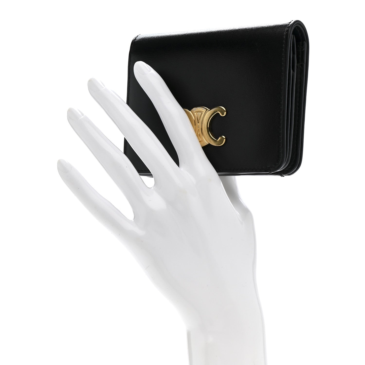 Celine Shiny Calfskin Triomphe Compact Wallet Black 1801017