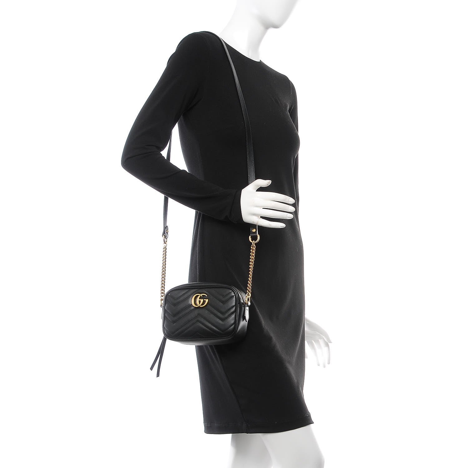 Gucci Calfskin Matelasse Mini GG Marmont Chain Shoulder Bag Black 2 of 7