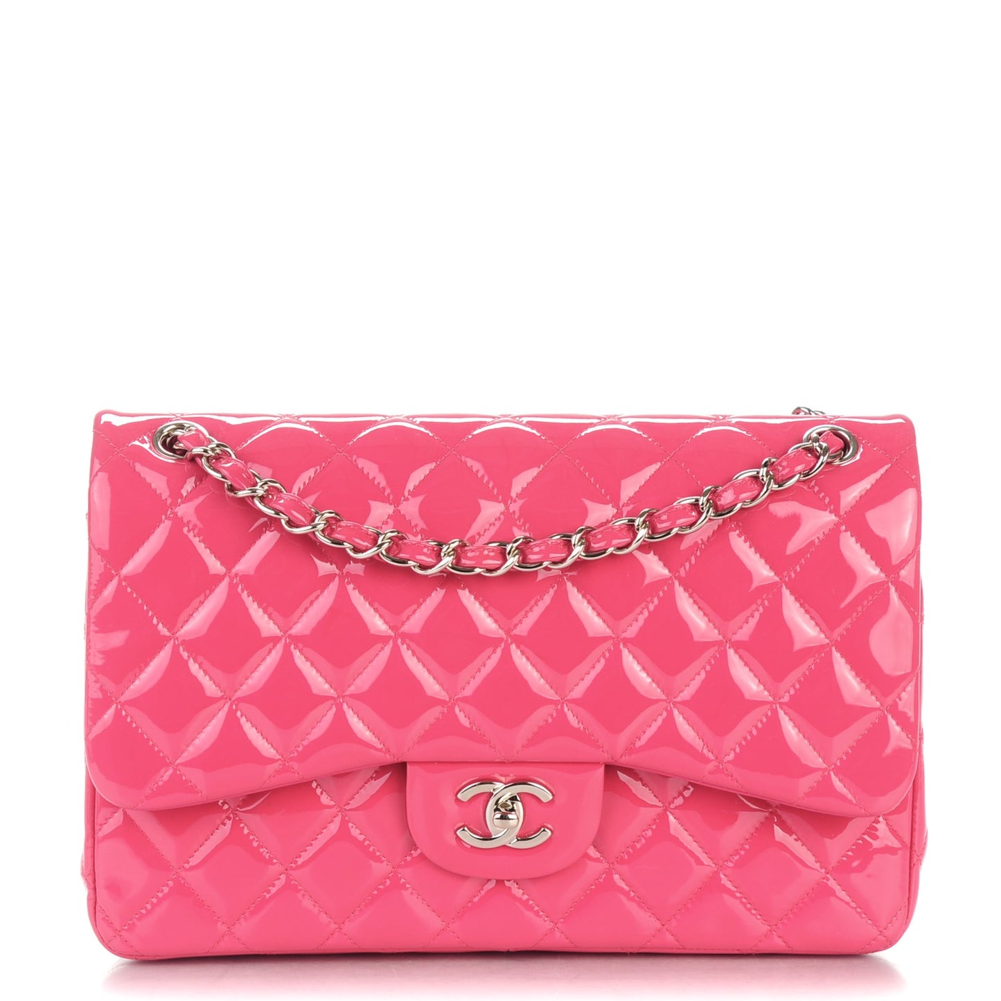 Patent Calfskin Quilted Jumbo Double Flap Fuchsia
