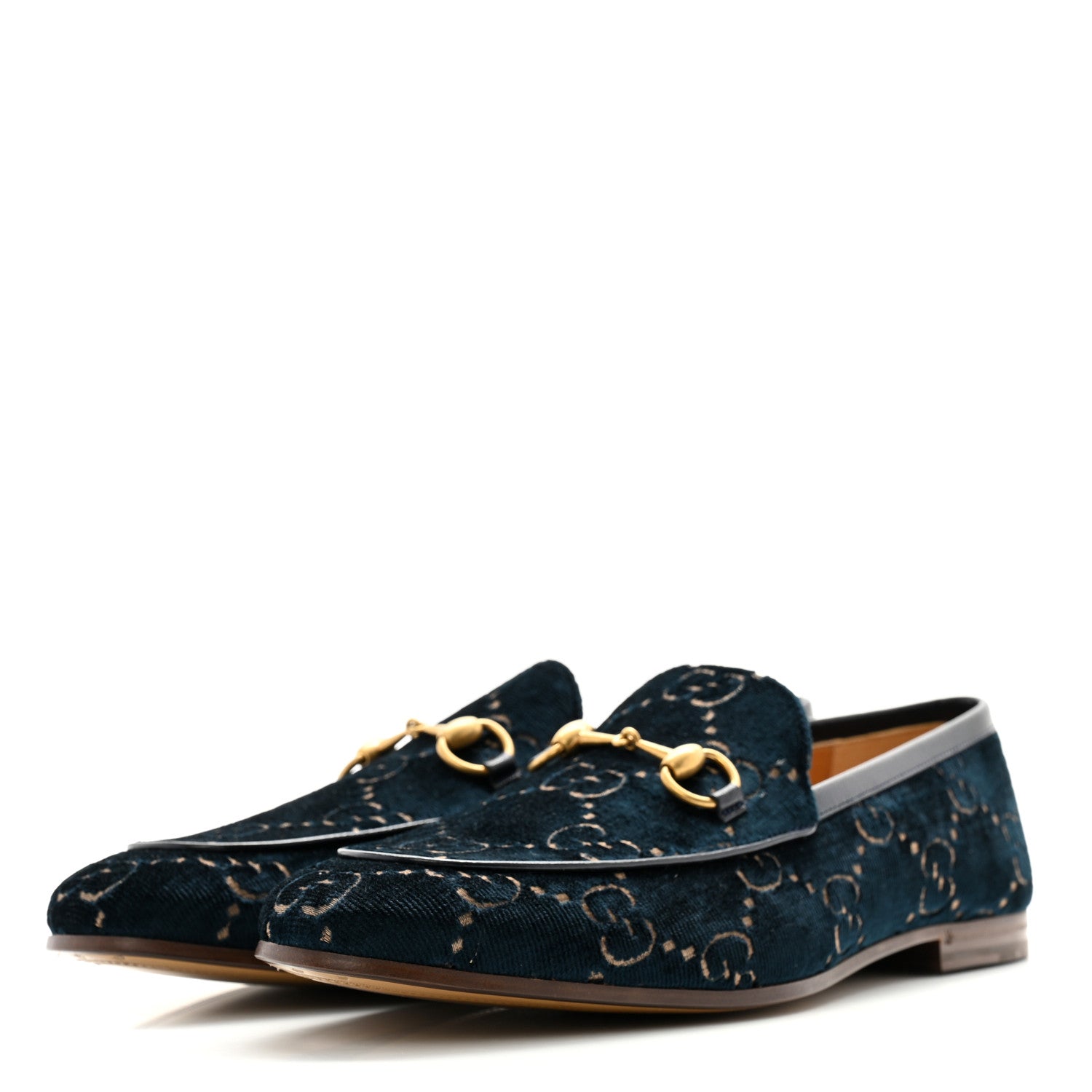 Gucci Velvet GG Monogram Horsebit Mens Jordaan Loafers 9.5 Blue Beige 3 of 9
