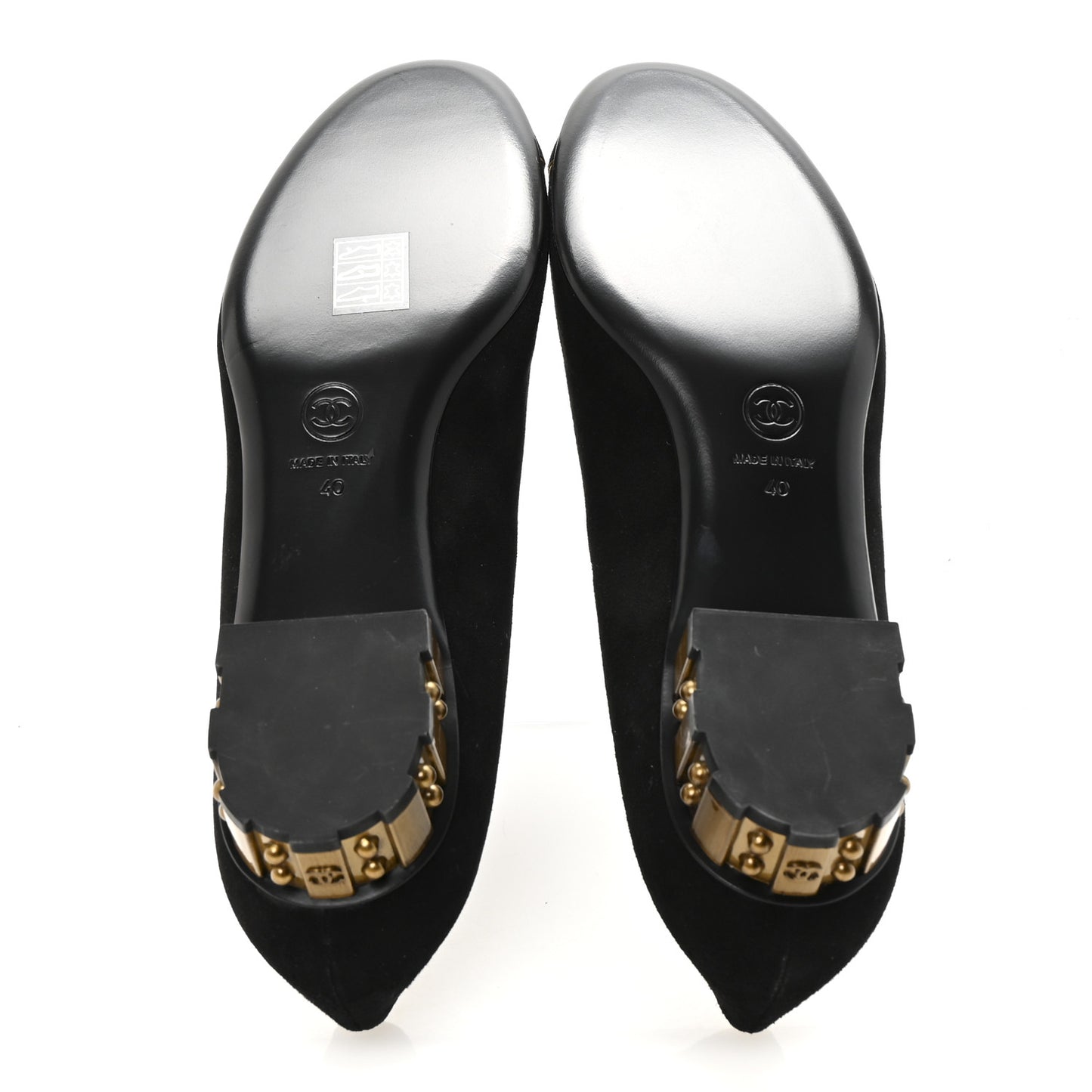Suede Studded Cap Toe Low Heel Pumps 40 Black Gold