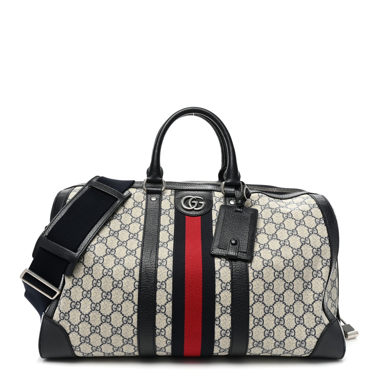 GG Supreme Monogram Textured Dollar Calfskin Web Medium Ophidia Duffle Bag Beige Blue
