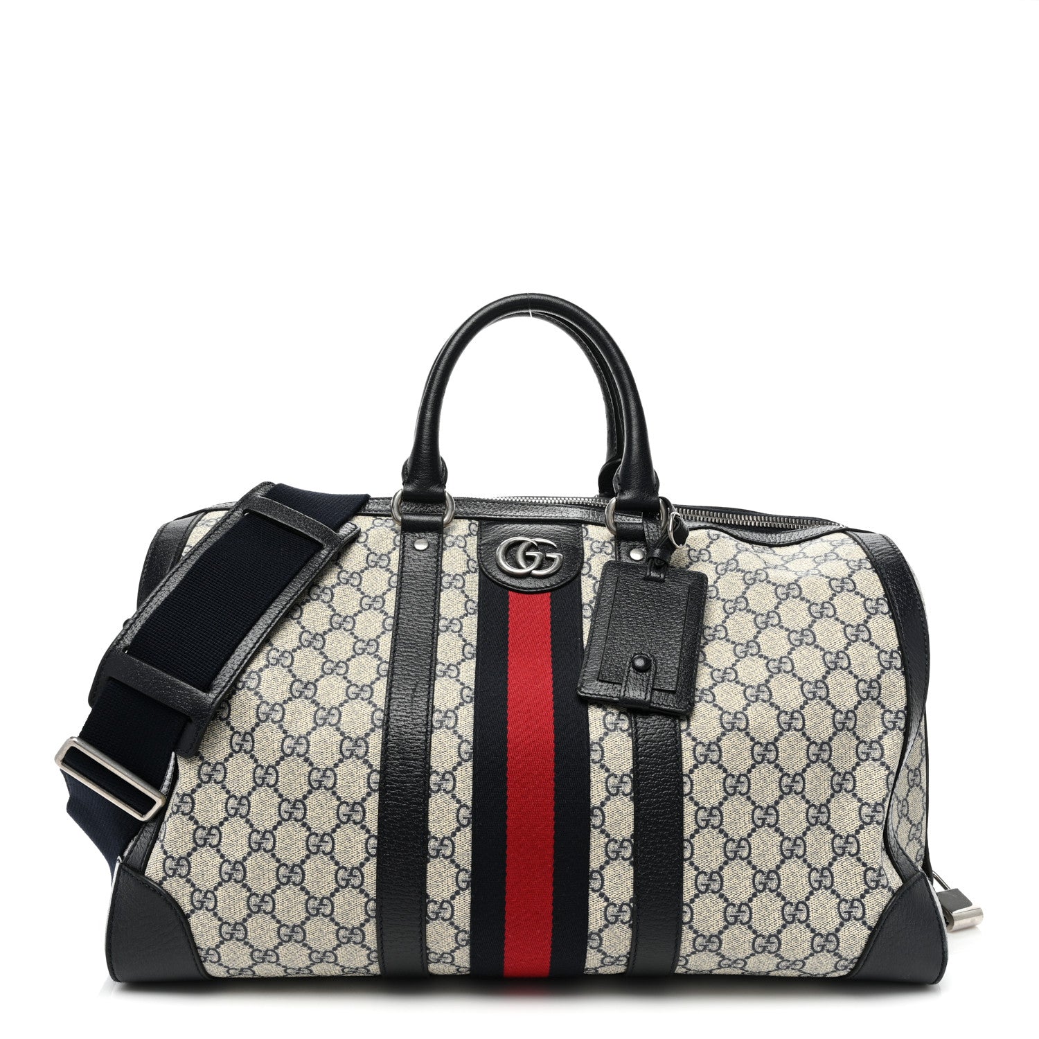 Gucci GG Supreme Monogram Textured Dollar Calfskin Web Medium Ophidia Duffle Bag Beige Blue 1 of 13