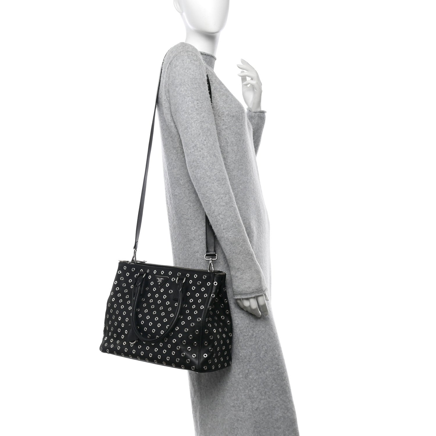 Prada City Calf Grommet Large Double Zip Tote Black 1674741