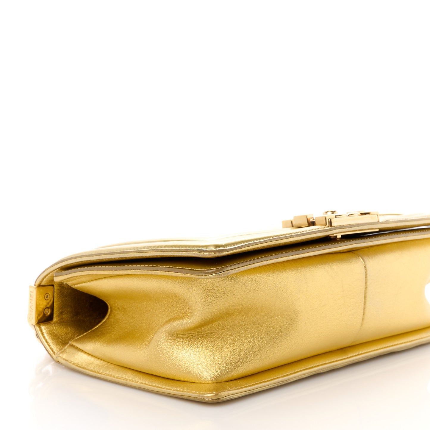 Metallic Patent Calfskin Quilted Medium Boy Flap Gold