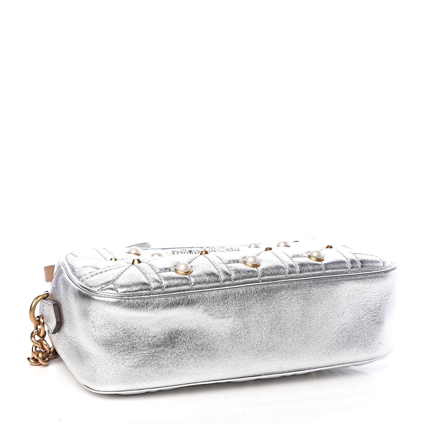 Metallic Calfskin Matelasse Studded Small Pearly GG Marmont Chain Shoulder Bag Silver