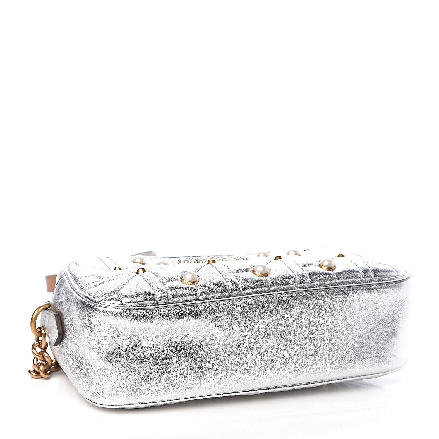 Gucci Metallic Calfskin Matelasse Studded Small Pearly GG Marmont Chain Shoulder Bag Silver 4 of 10