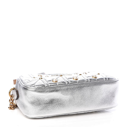 Gucci Metallic Calfskin Matelasse Studded Small Pearly GG Marmont Chain Shoulder Bag Silver 4 of 10