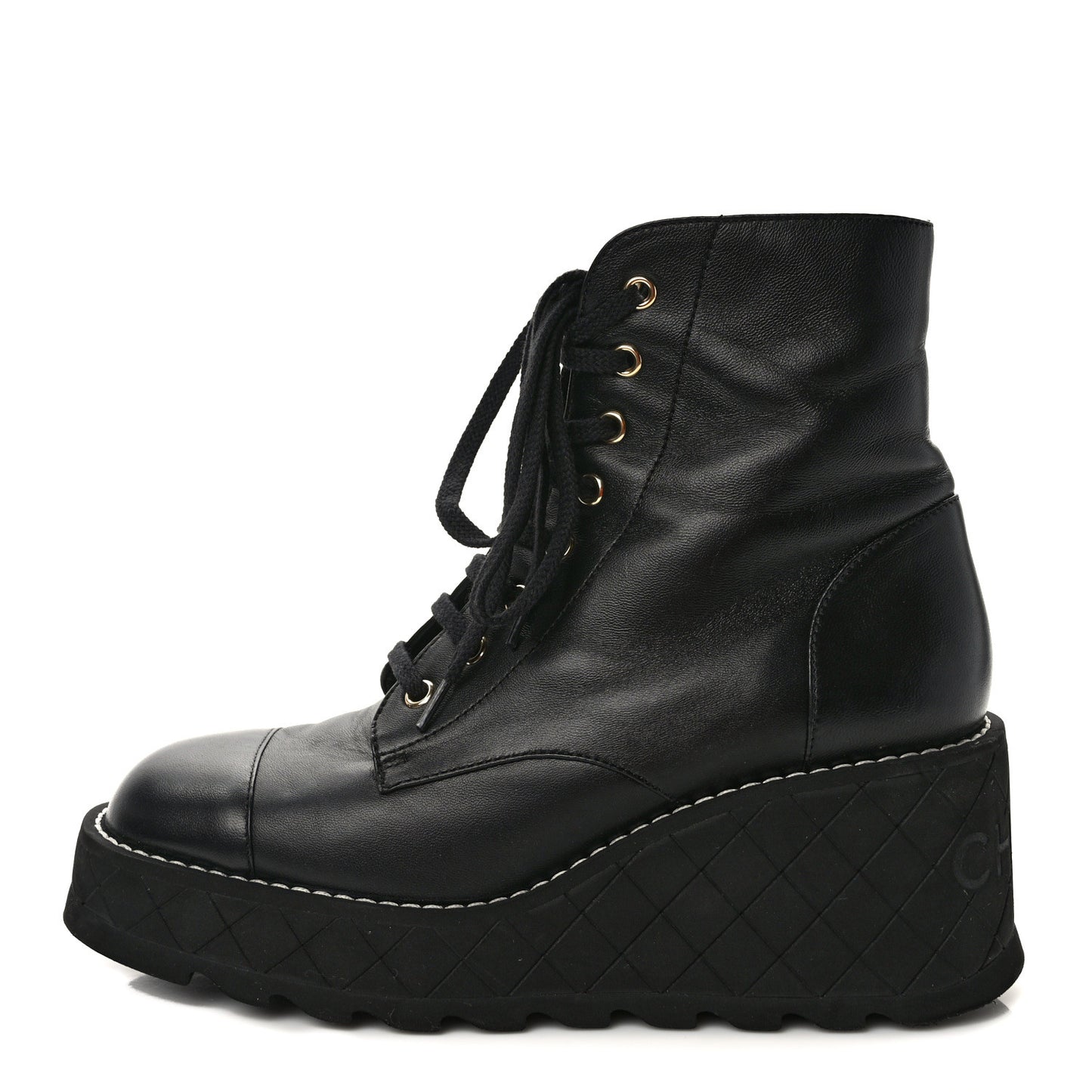 Lambskin Quilted Lace Up Wedge Combat Boots 39.5 Black