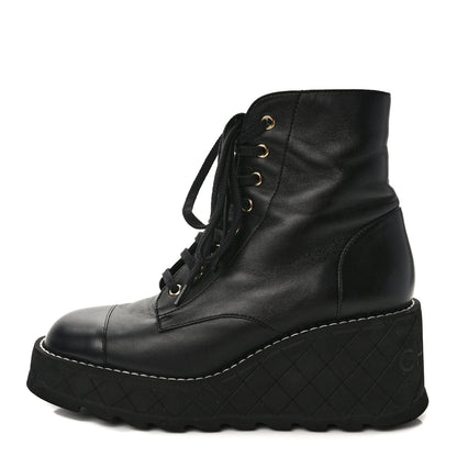 Chanel Lambskin Quilted Lace Up Wedge Combat Boots 39.5 Black 1 of 6