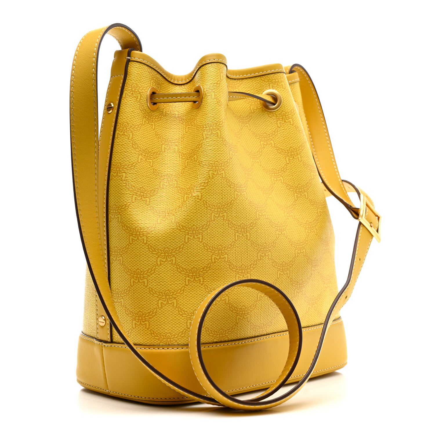 MCM Lauretos Spanish Calfskin Medium Himmel Drawstring Bucket Bag Lemon Gold 4 of 12