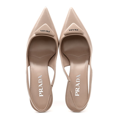 Prada Spazzolato Triangle Logo Pointed Toe 75mm Slingback Pumps 38 Cipria 2 of 9