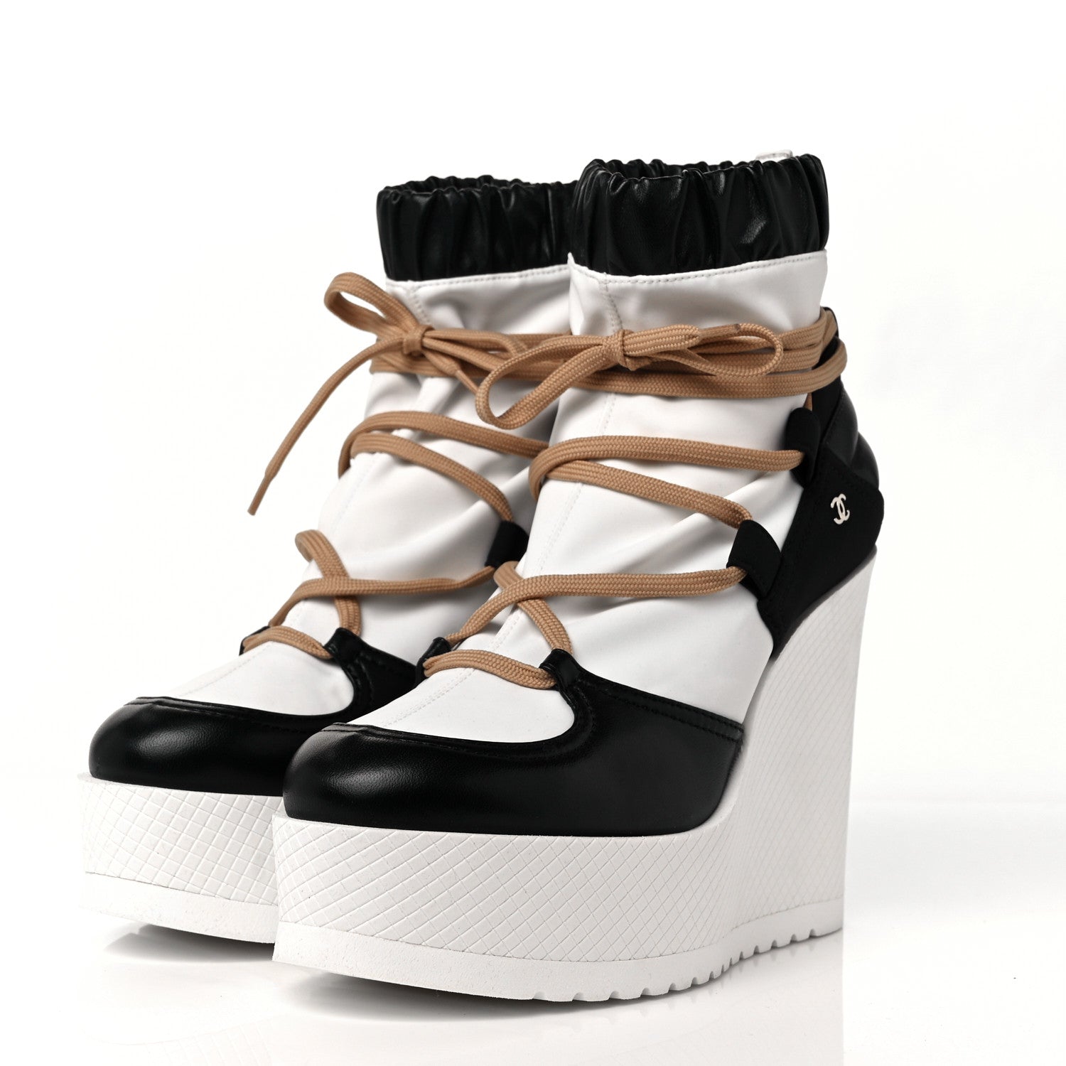 Chanel Patent Calfskin Runway Wedge Short Platform Boots 39.5 Black White Beige 3 of 8