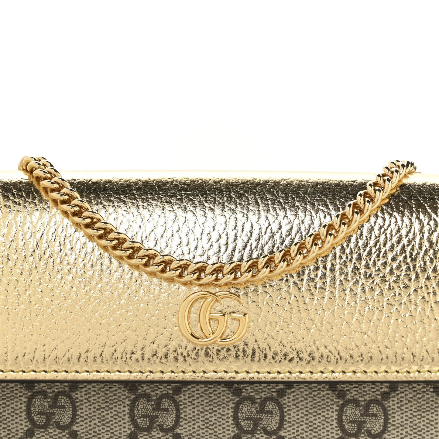 Metallic Calfskin GG Supreme Monogram Petite GG Marmont Wallet Chain Bag Gold Beige Ebony