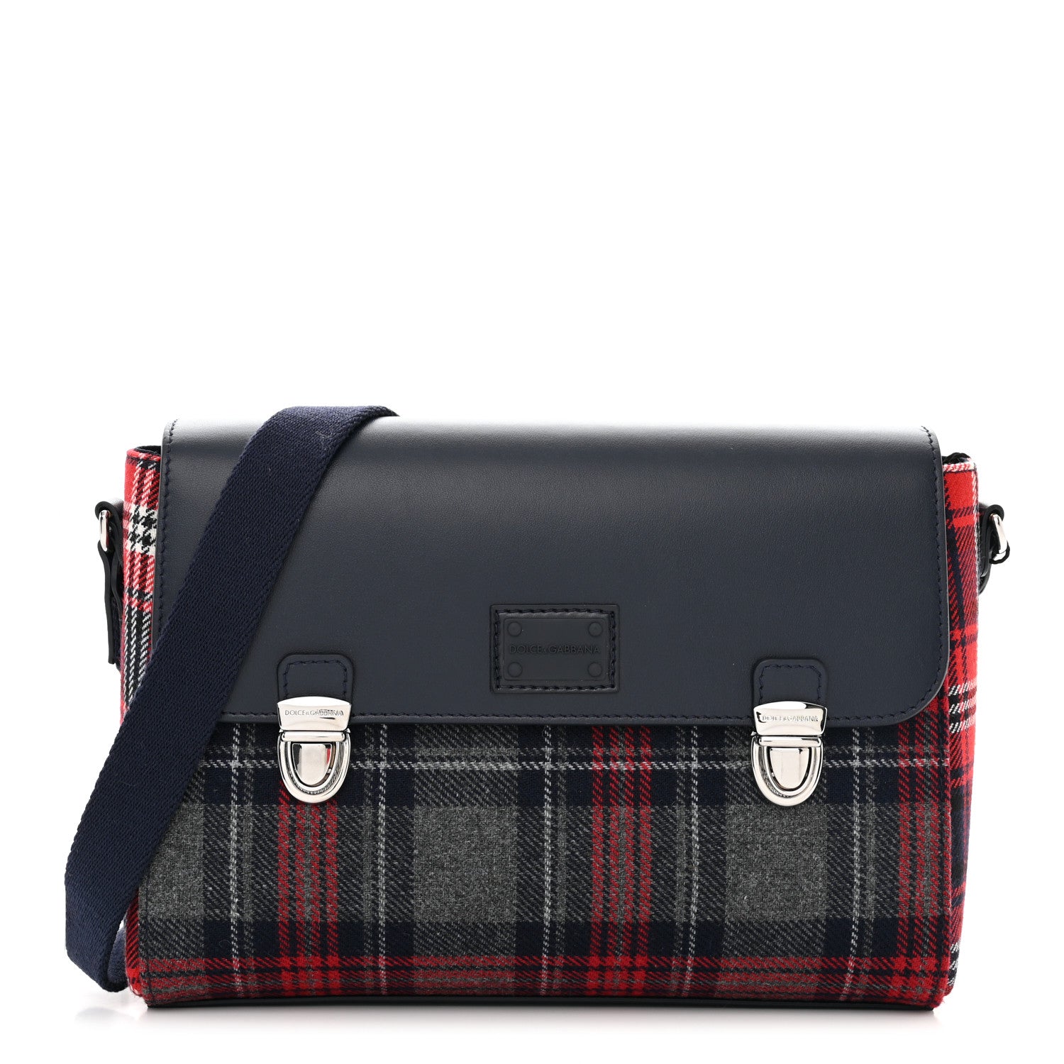Dolce & Gabbana Wool Calfskin Tartan Kids Satchel Blue Red Multicolor 1 of 10
