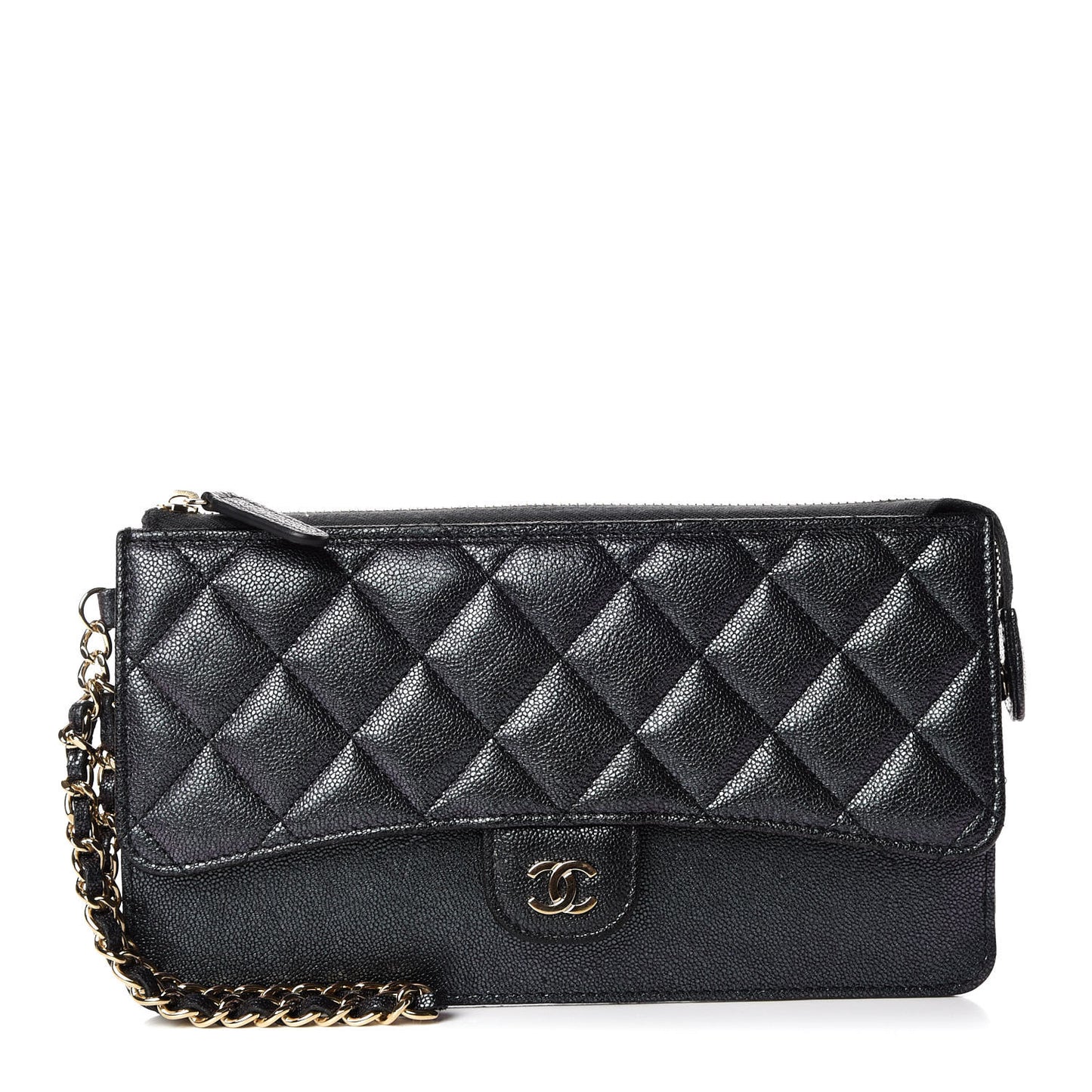 Iridescent Caviar Quilted Classic Pouch With Handle Black