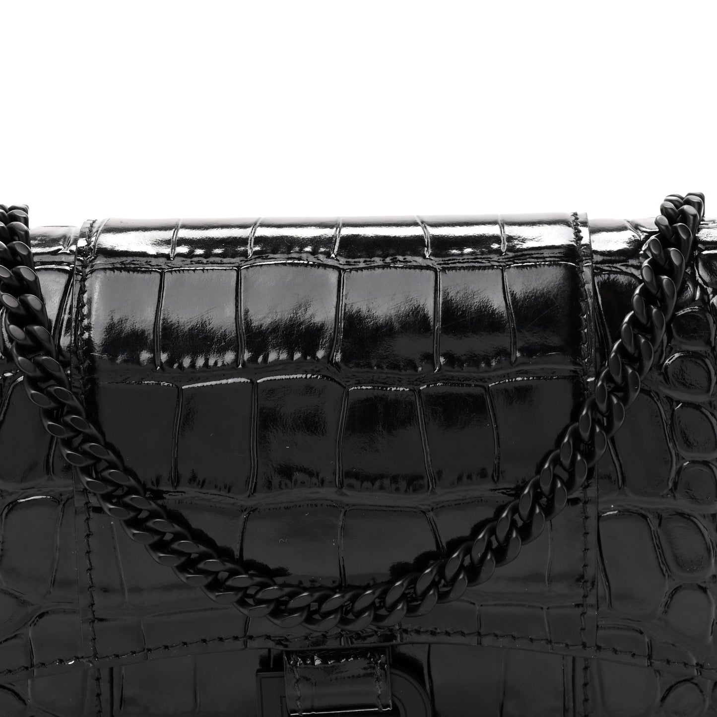 Shiny Calfskin Monochrome Crocodile Embossed Hourglass Chain Bag Black