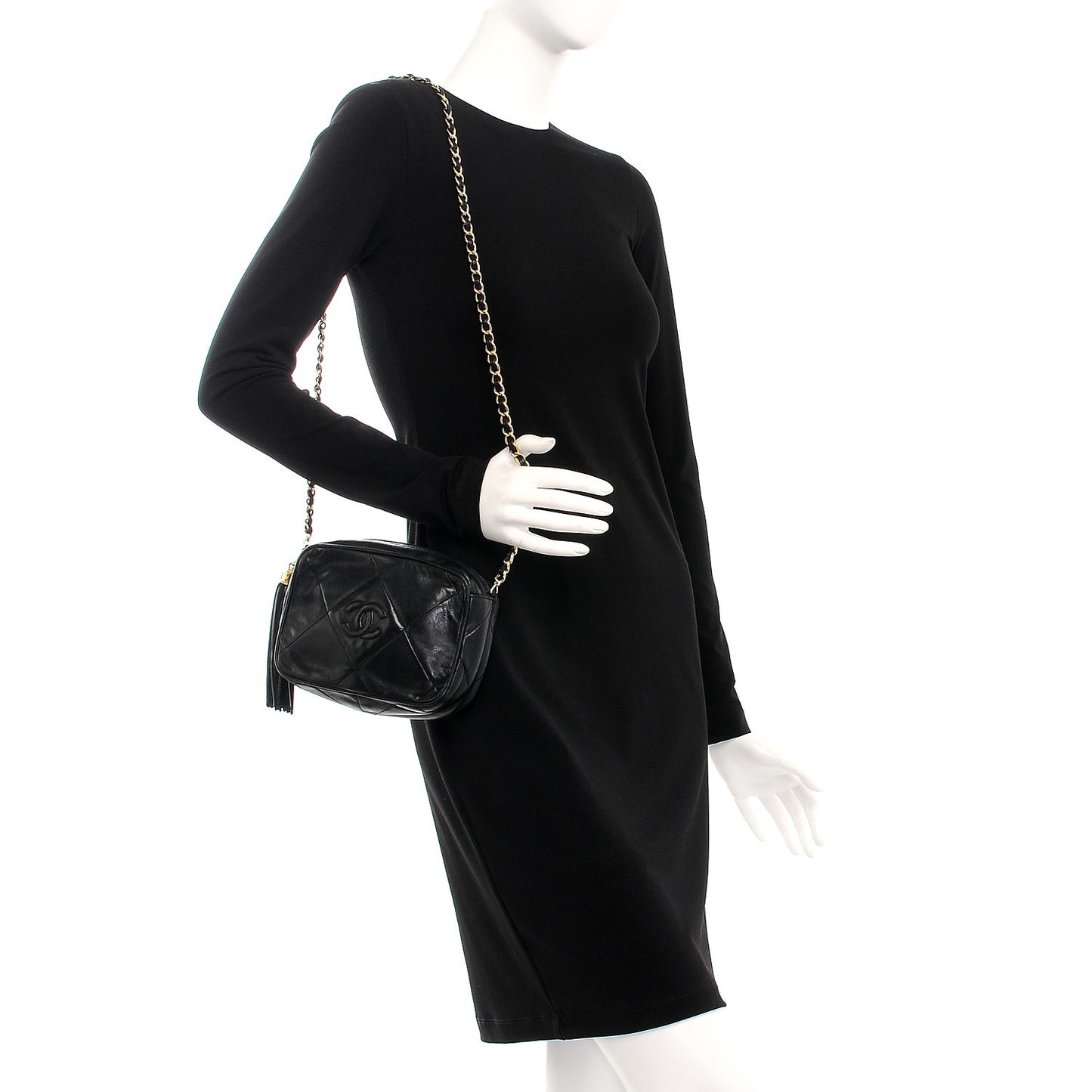 Lambskin Quilted Tassel Camera Case Black