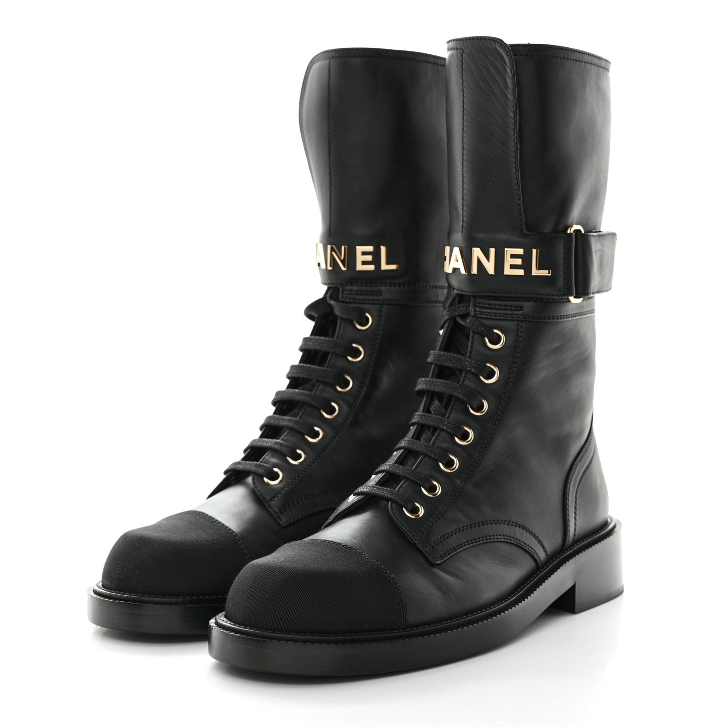 Shiny Calfskin Lace Up Combat Boots 37.5 Black