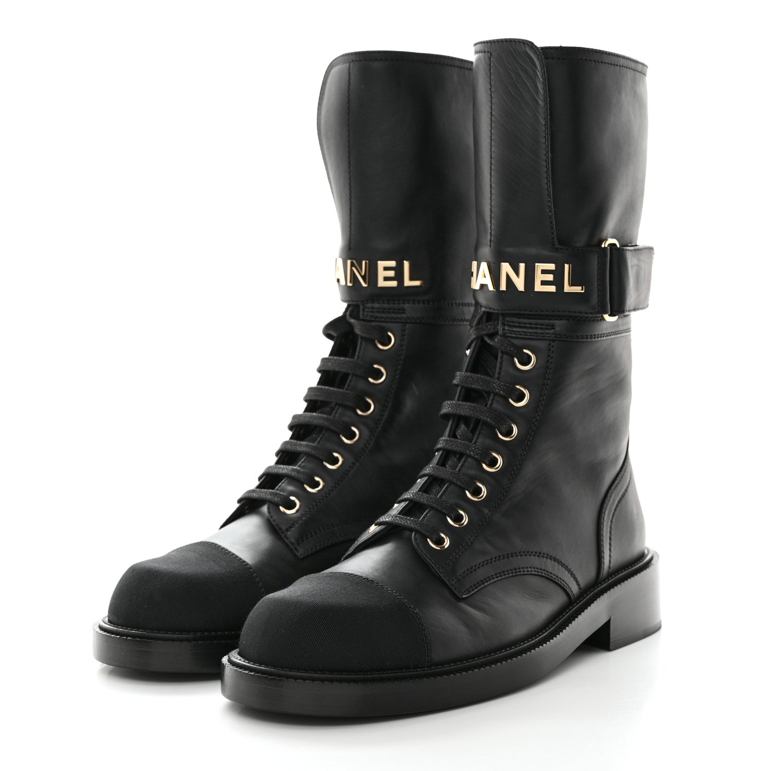 Chanel Shiny Calfskin Lace Up Combat Boots 37.5 Black 3 of 10