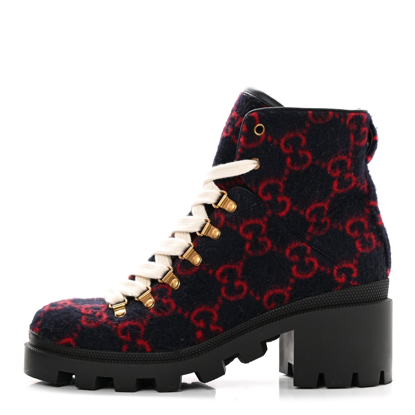 Covered Wool Big GG Monogram Womens Lace Up Combat Ankle Boots 38.5 Blue Red