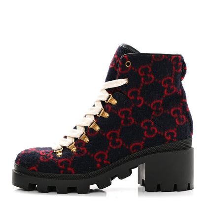 Gucci Covered Wool Big GG Monogram Womens Lace Up Combat Ankle Boots 38.5 Blue Red 1 of 10