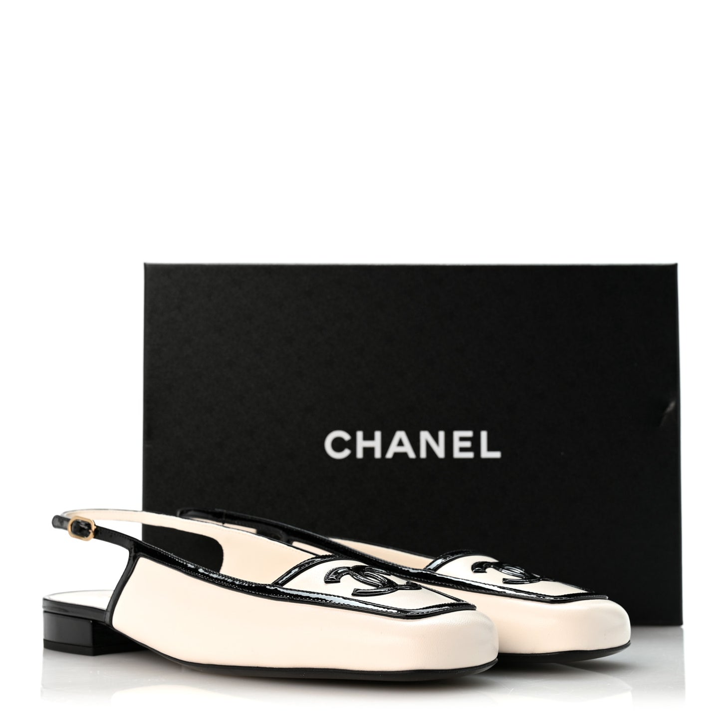 Lambskin Patent Calfskin CC Slingback Flats 40 White Black