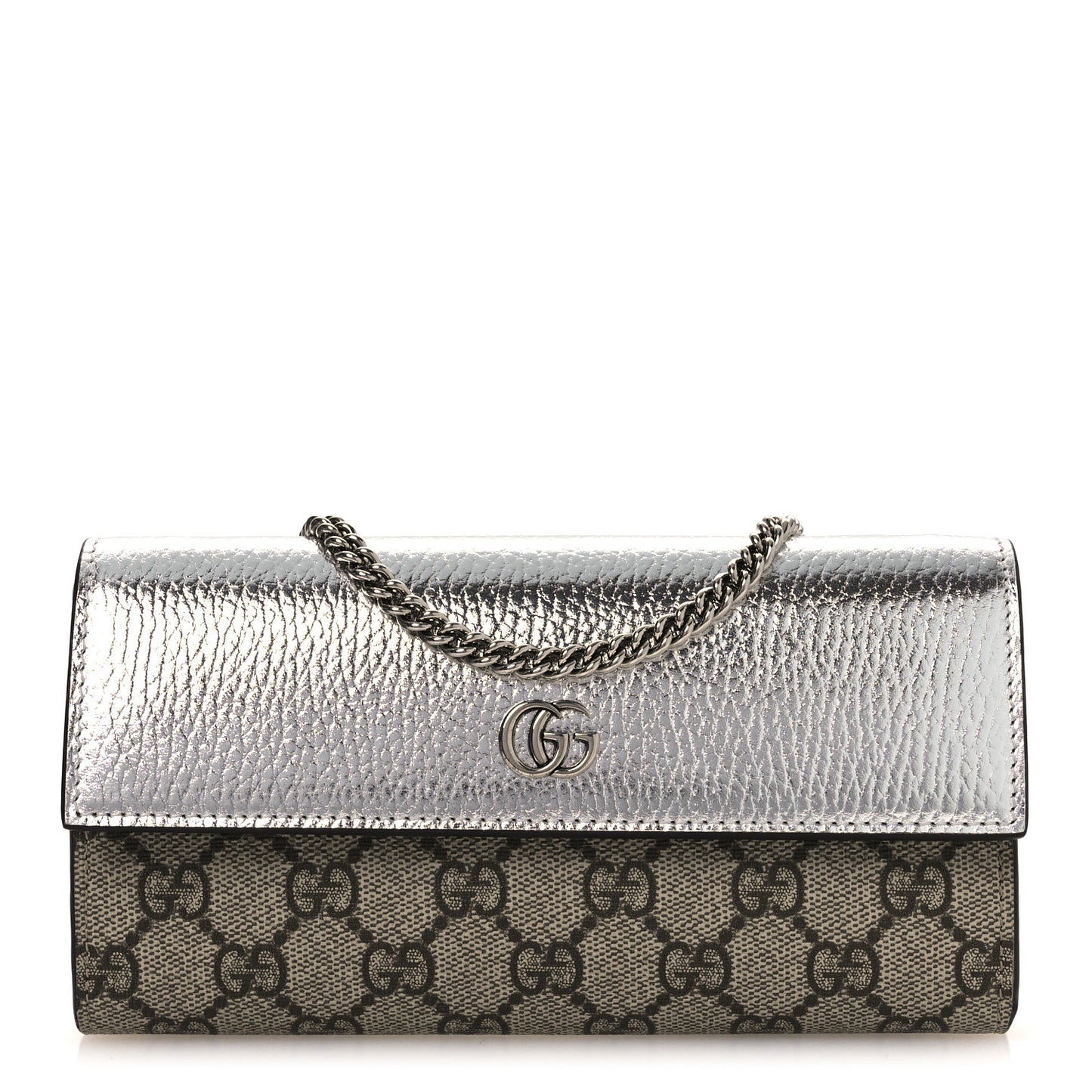 Metallic Calfskin GG Supreme Monogram Petite GG Marmont Wallet Chain Bag Silver Beige Ebony