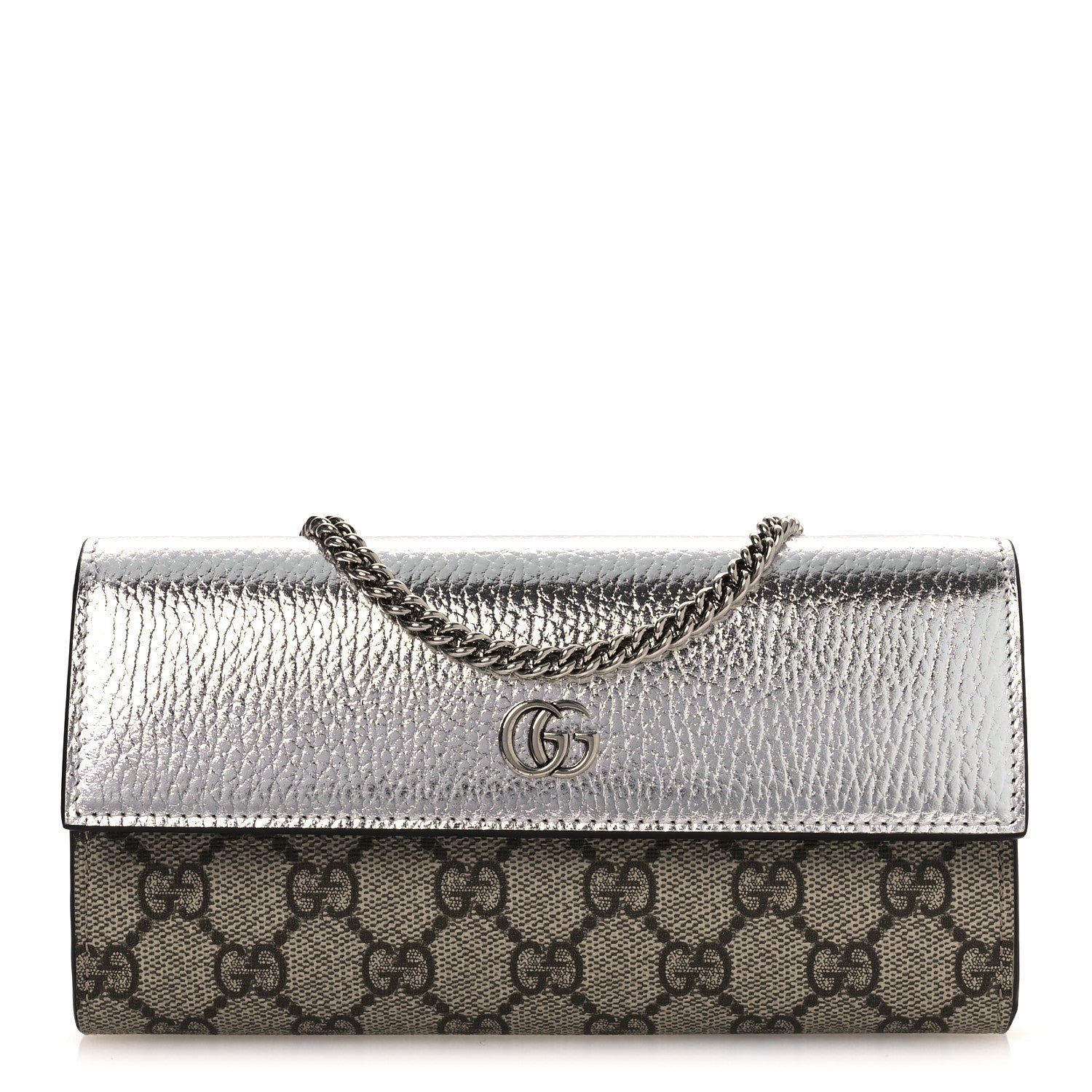 Gucci Metallic Calfskin GG Supreme Monogram Petite GG Marmont Wallet Chain Bag Silver Beige Ebony 1 of 10