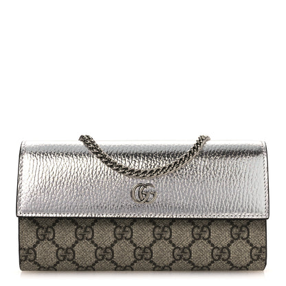 Gucci Metallic Calfskin GG Supreme Monogram Petite GG Marmont Wallet Chain Bag Silver Beige Ebony 1 of 10