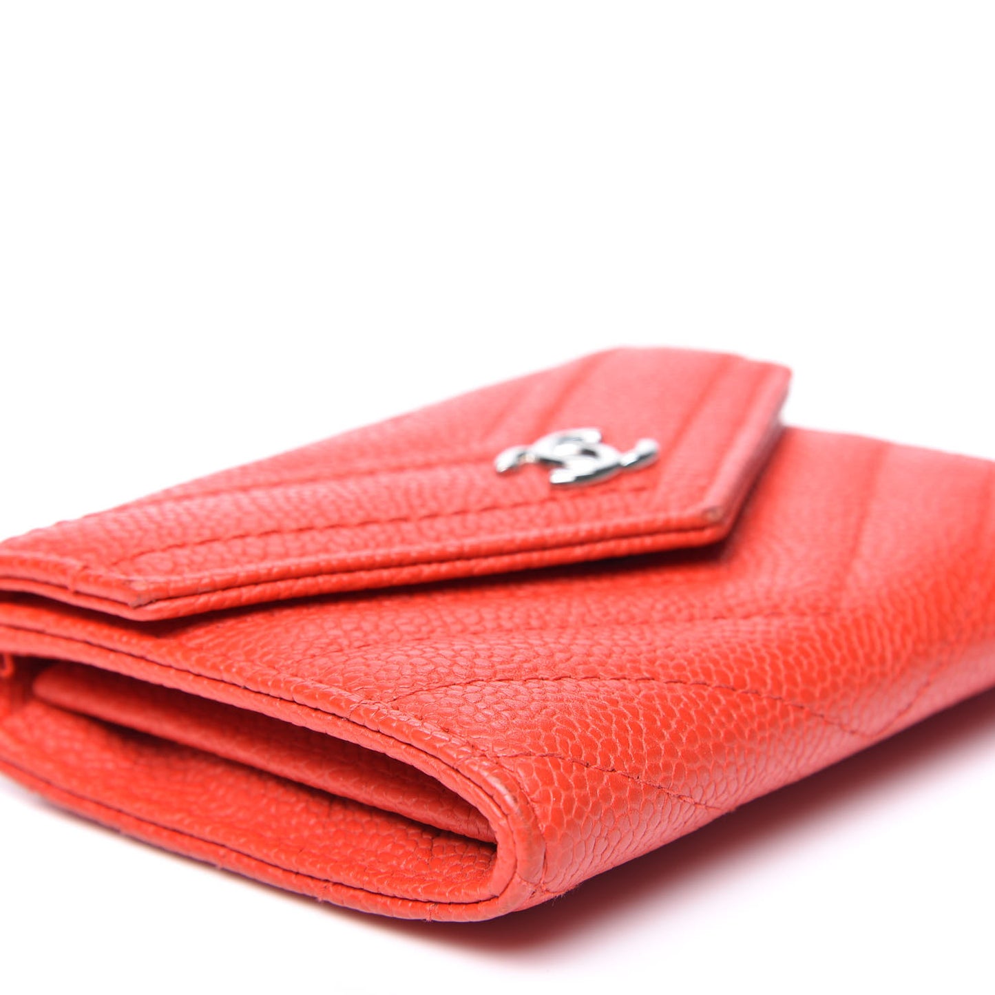 Caviar Chevron Quilted Flap Card Holder Wallet Red