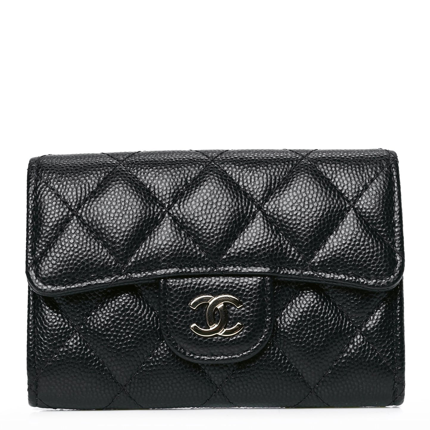 Caviar Quilted Flap Card Holder Wallet Navy Blue