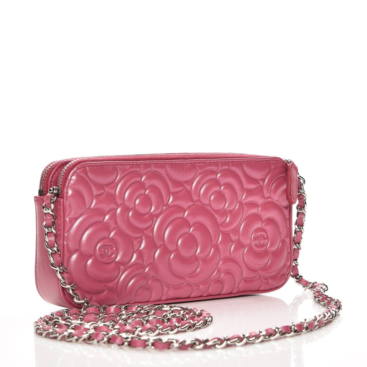 Lambskin Camellia Embossed Small Clutch With Chain Fuchsia