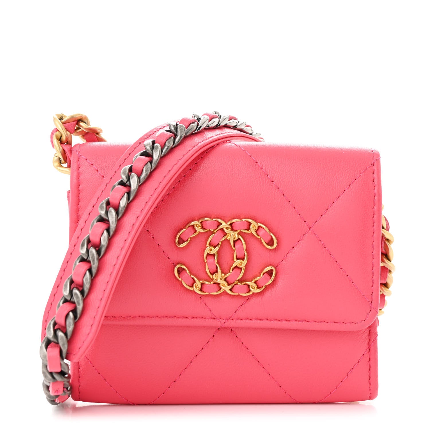 Chanel Lambskin Quilted Chanel 19 Flap Coin Purse With Chain Dark Pink 1 of 12
