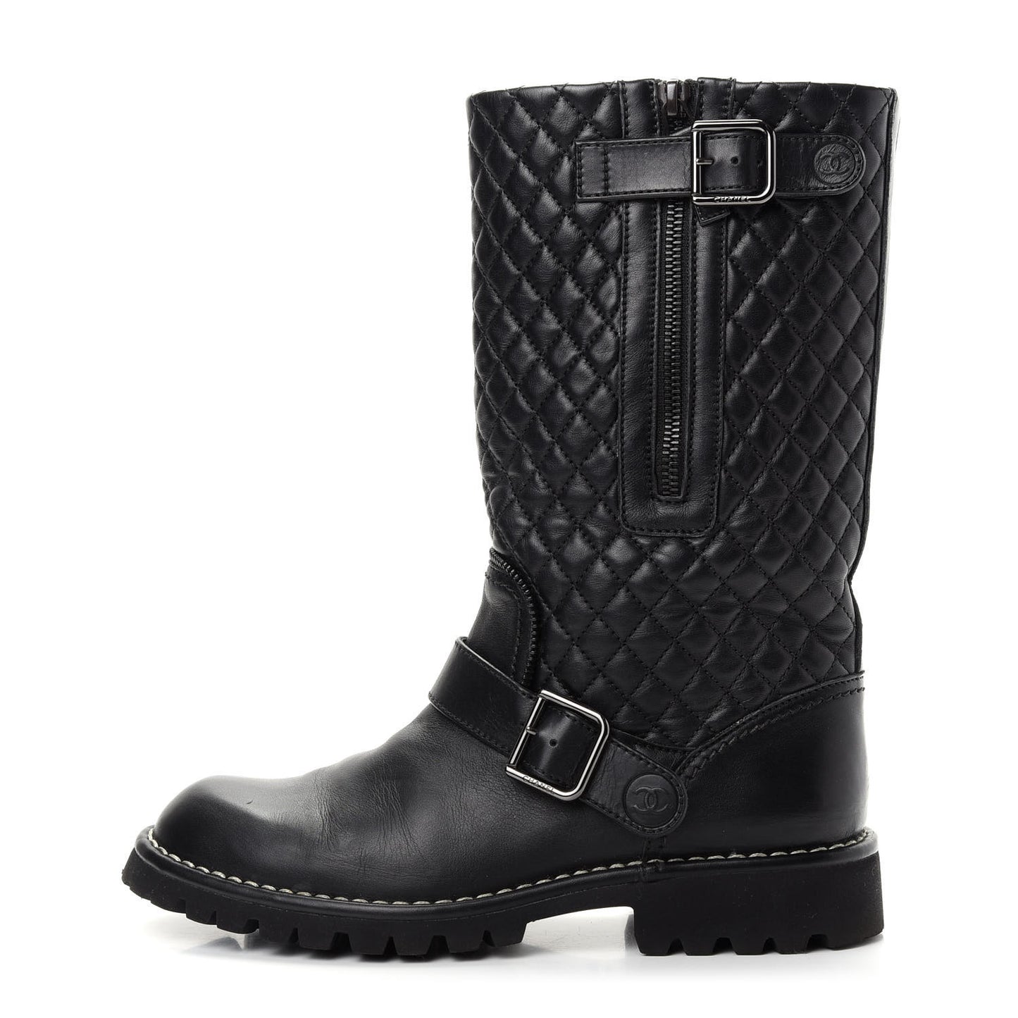 Calfskin Quilted Biker Boots 37.5 Black