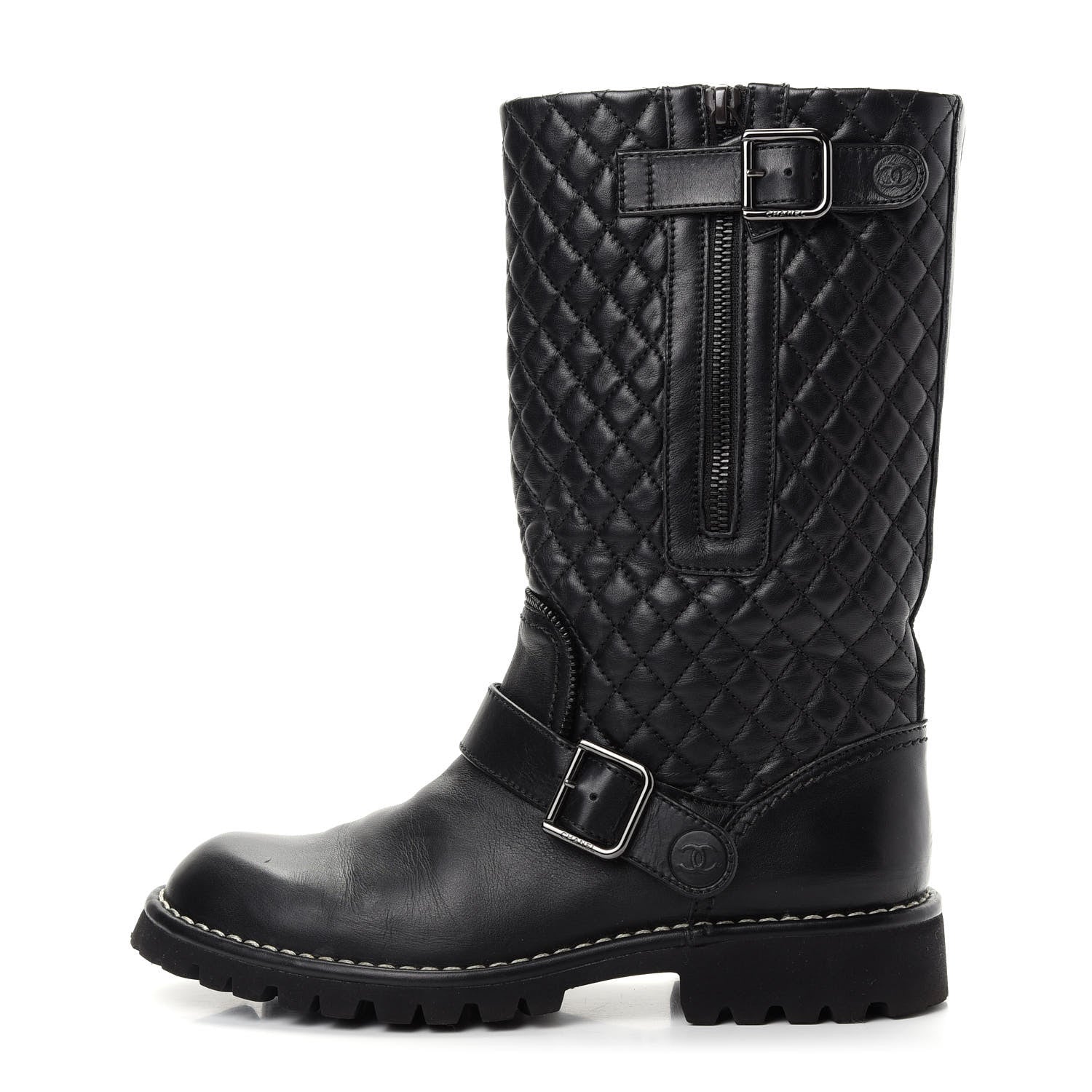 Chanel Calfskin Quilted Biker Boots 37.5 Black 1 of 10