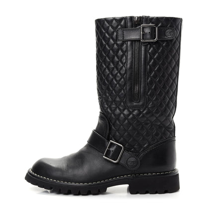 Chanel Calfskin Quilted Biker Boots 37.5 Black 1 of 10