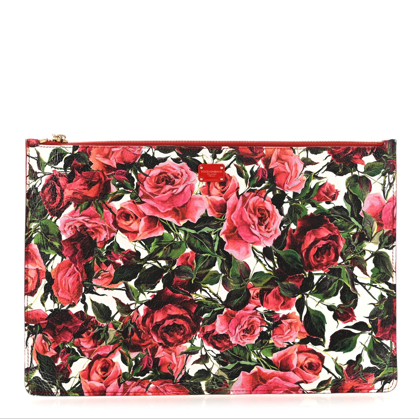 Calfskin Rose Print Zip Pouch Red Multicolor