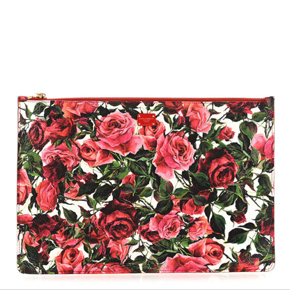 Dolce & Gabbana Calfskin Rose Print Zip Pouch Red Multicolor 1 of 9