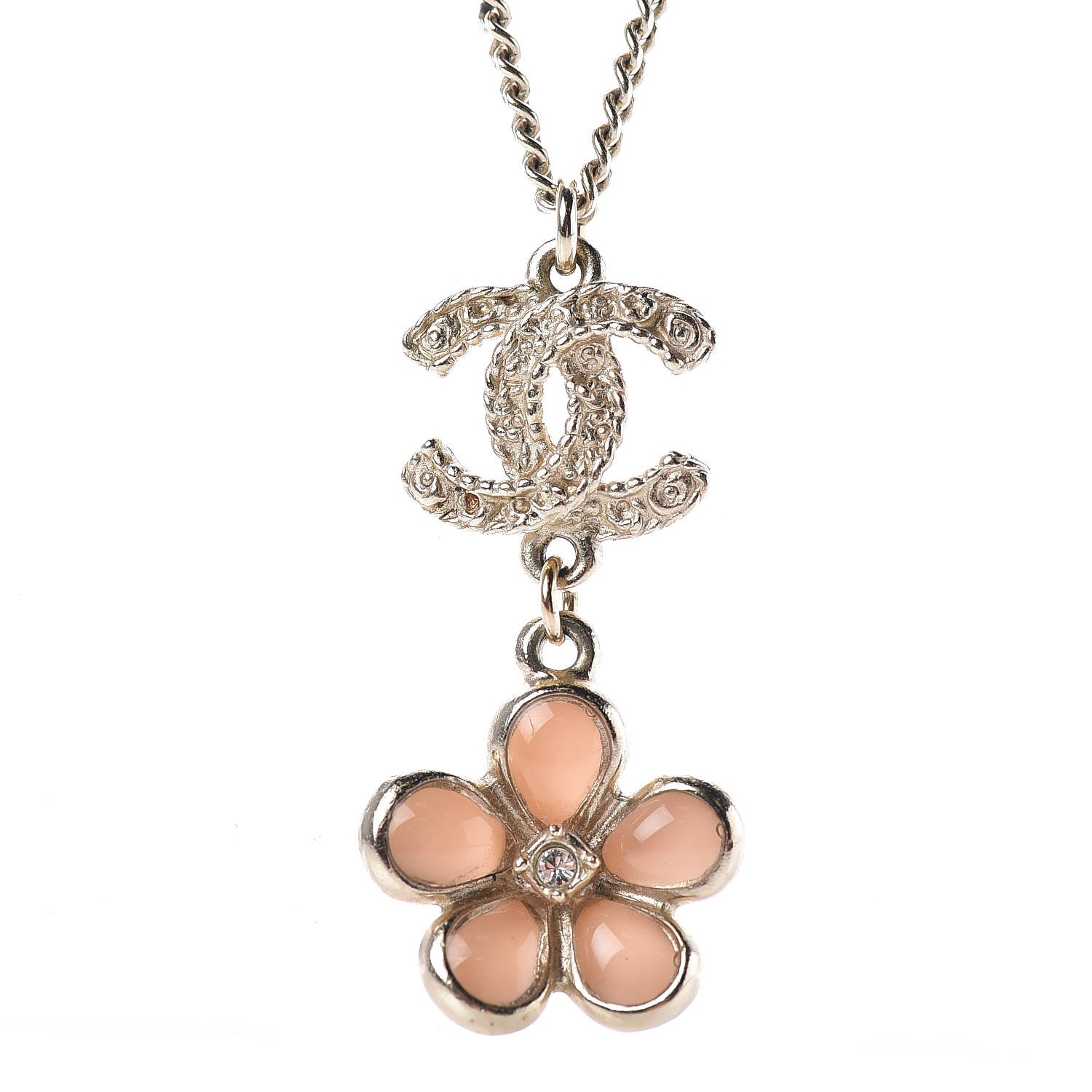Chanel Enamel Crystal CC Camellia Pendant Necklace Beige Gold 4 of 6