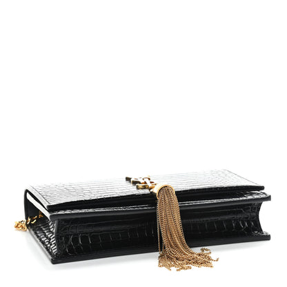 Saint Laurent Calfskin Crocodile Embossed Kate Monogram Tassel Chain Wallet Black 4 of 9