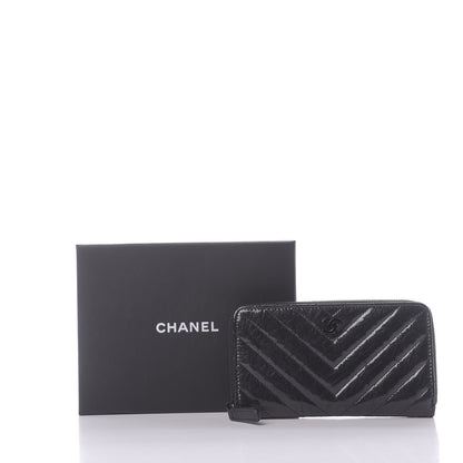 Chanel Metallic Crumpled Patent Calfskin Chevron Quilted Medium Zip Around Wallet Black 10 of 10