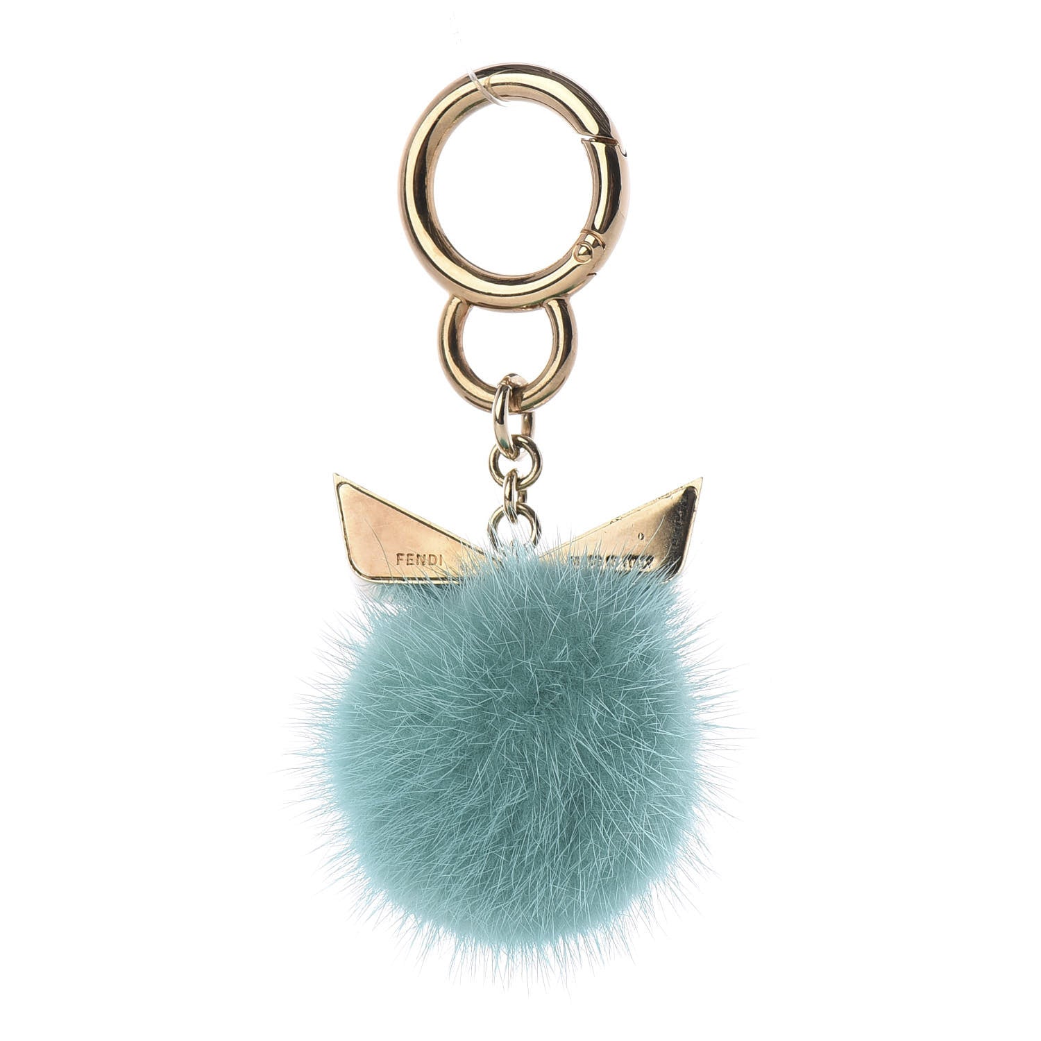Fendi Metal Mink Fur Stone Monster Eyes Mini Pom Pom Bag Charm Oro Chiaro Acqua 2 of 4