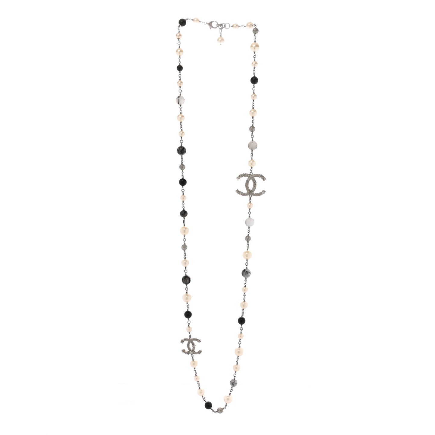 Pearl Beaded Star CC Long Necklace Silver