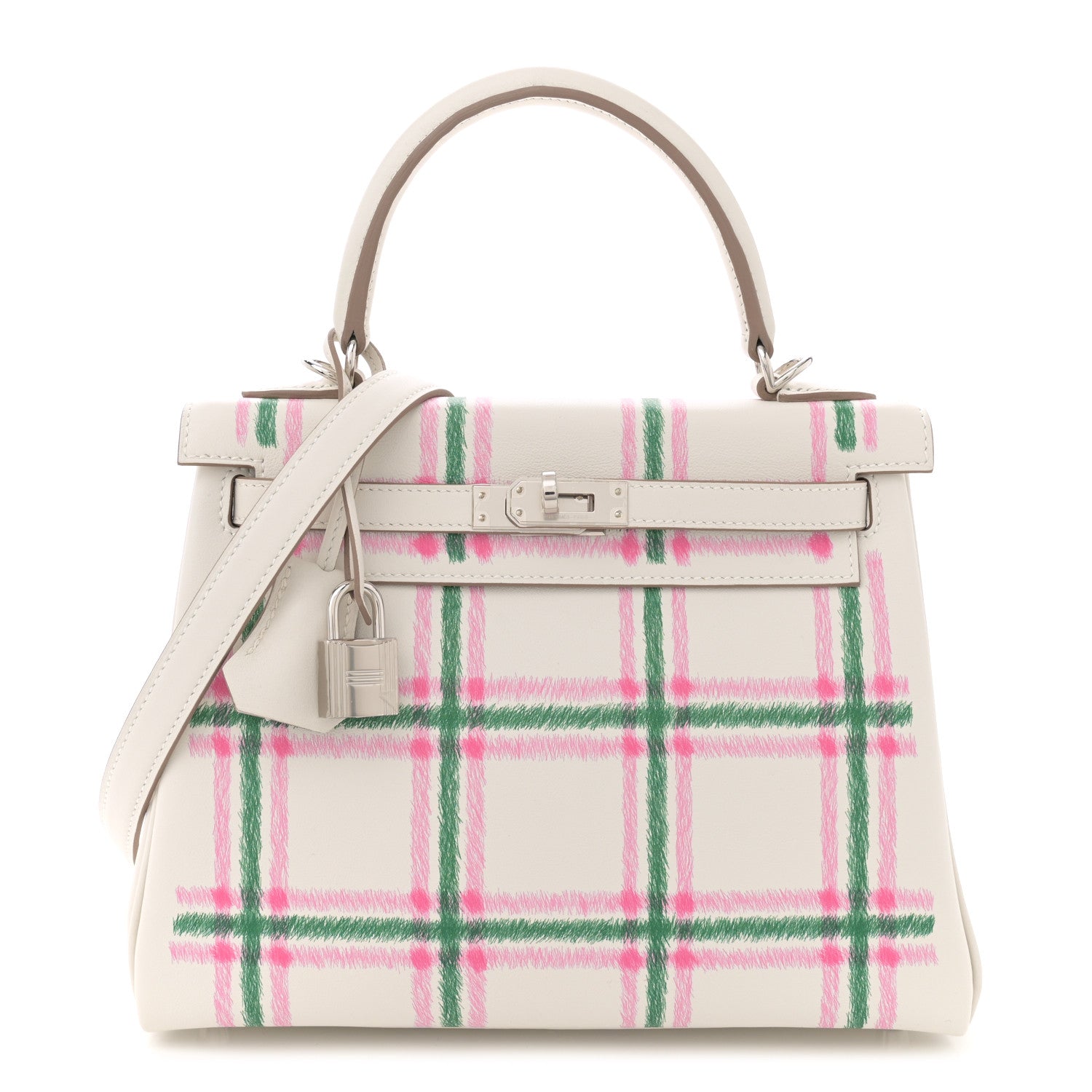 Hermes Swift Tartan Kelly Retourne 25 Gris Pale Rose Bubblegum Vert Moyen 1 of 11