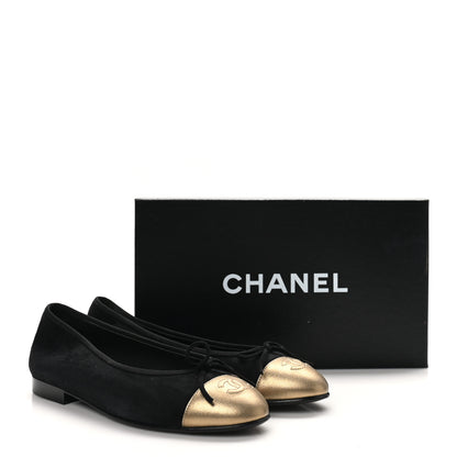 Chanel Suede Metallic Goatskin Cap Toe Ballerina Flats 38 Black Gold 10 of 10